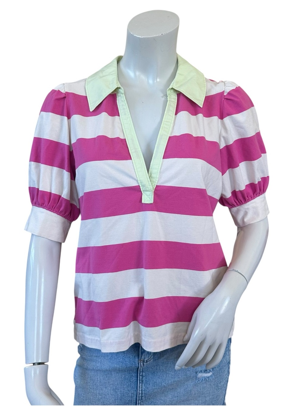 Anthropologie Maeve Pink White Lime Trim Ruggy Pullover Polo Shirt Size Medium